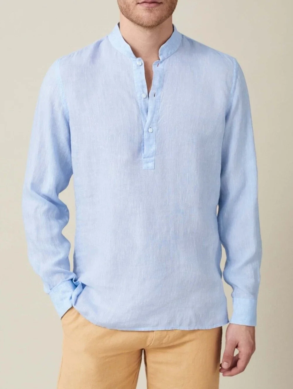 Moraitis Linen (Size XL) Men's Light Blue Linen Button Henley LS Popover Shirt